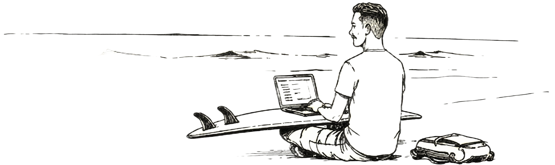 Hand-drawn sketch of Houston working from the beach